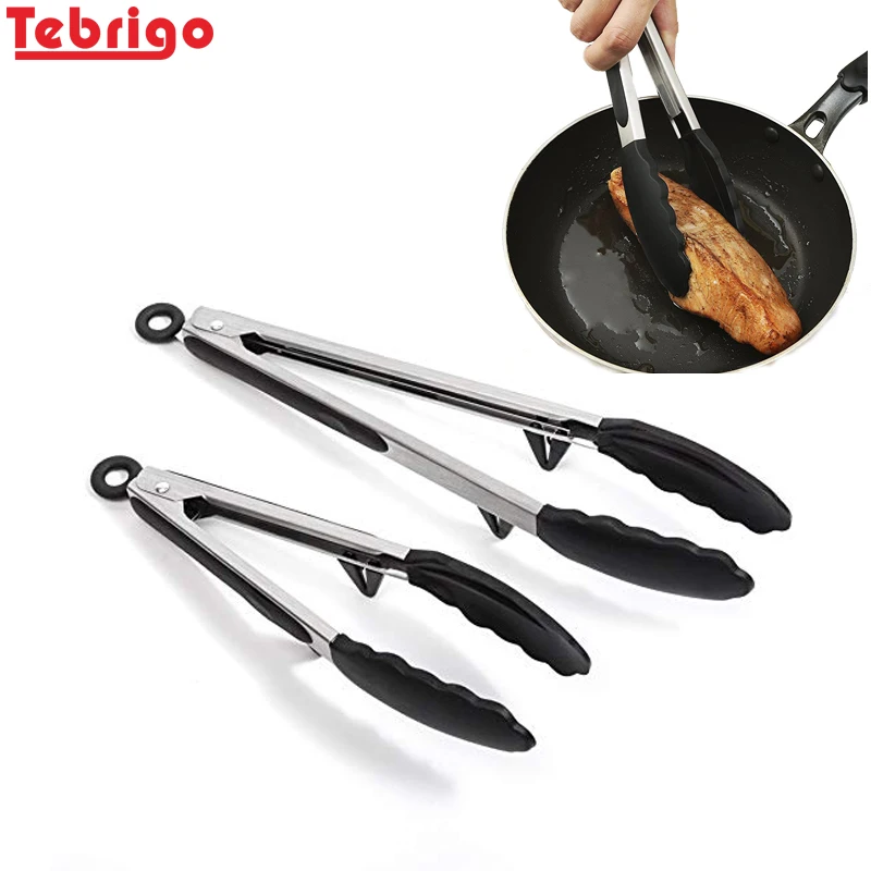 Tebrigo 2 Pcs/Set Kitchen Tong BBQ Tong Stainless Steel Non Stick