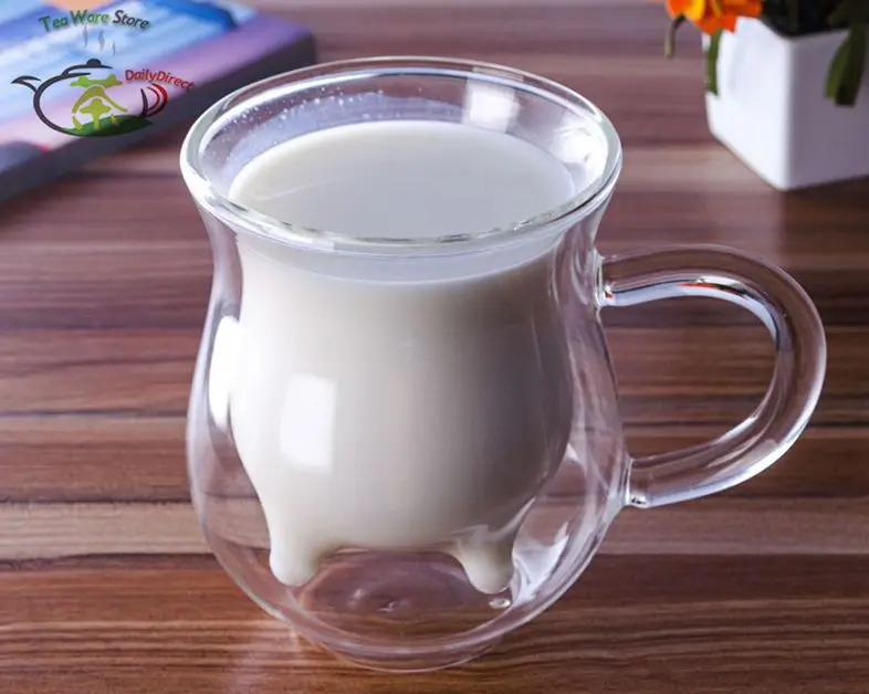 1x 200ml glass double wall creative cow milk cup mug with handle cow