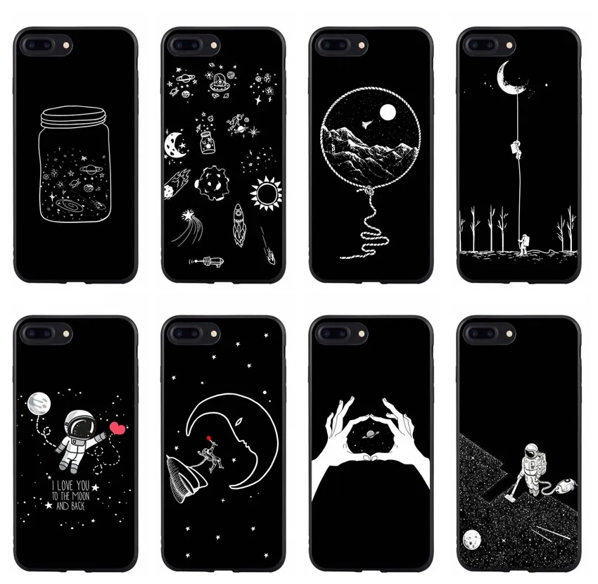

black with white moon stars space astronaut phone Cover Case for iPhone X XS Max XR 6 6S 7 8 Plus 5 5S Samsung S7 S8 Edge Plus