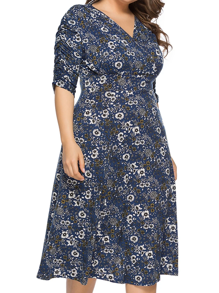 Платье для женщин, женское, XL~ 5XL, повседневное, летнее, праздничное, тропического размера плюс, цветочное, половина рукава, миди, свободное, с глубоким v-образным вырезом