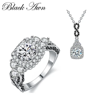 

[BLACK AWN] 925 Sterling Silver Fine Jewelry Sets Trendy Engagement Sets Wedding Necklace+Ring for Women PR152
