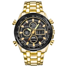 Золотые часы с хронографом, деловые часы, полностью стальные Аналоговые Цифровые часы с двойным временем, мужские водонепроницаемые часы Relogio Masculno