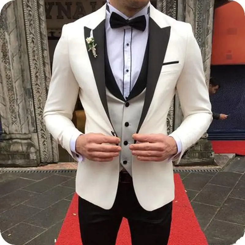 New-Arrival-One-Button-Ivory-Groom-Tuxedos-Peak-Lapel-Groomsmen-Men-Blazers-3-pieces-Suits