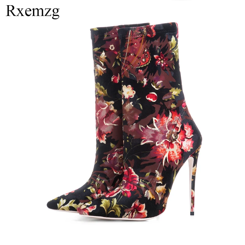 

Rxemzg large size 33-43 hot sale new sexy pointed toe 12cm high heels shoes woman autumn fashion flower ankle boots for women