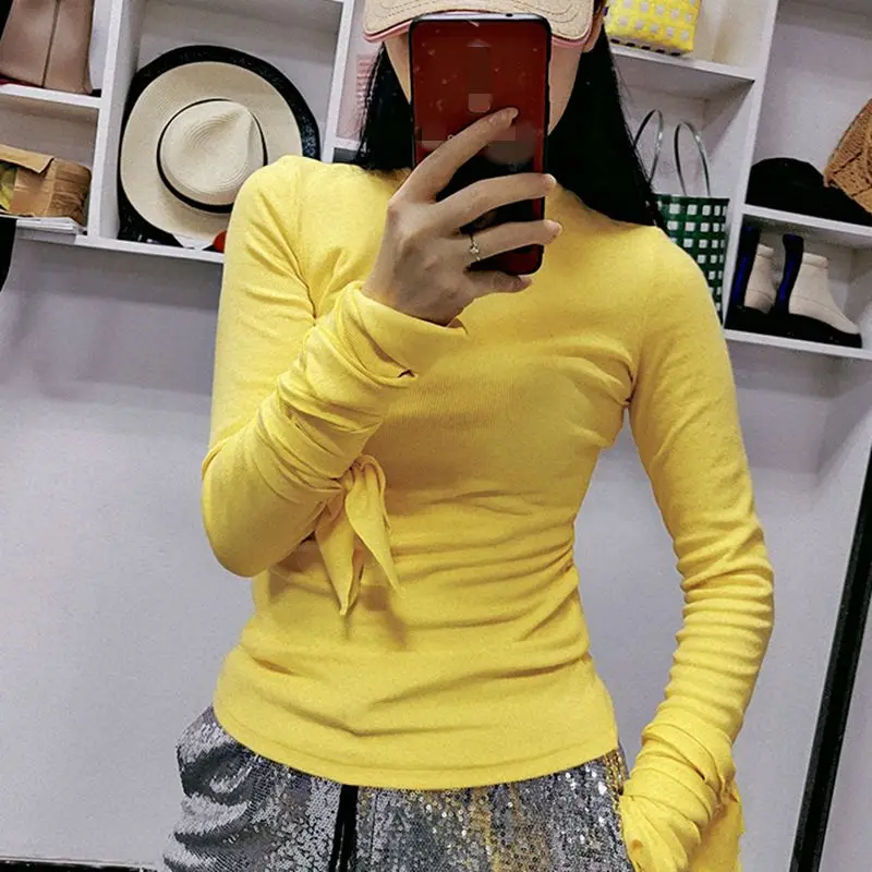 

2019 Fall Women Long Sleeve Sweaters Runway Pink Yellow Solid Knitted Tops