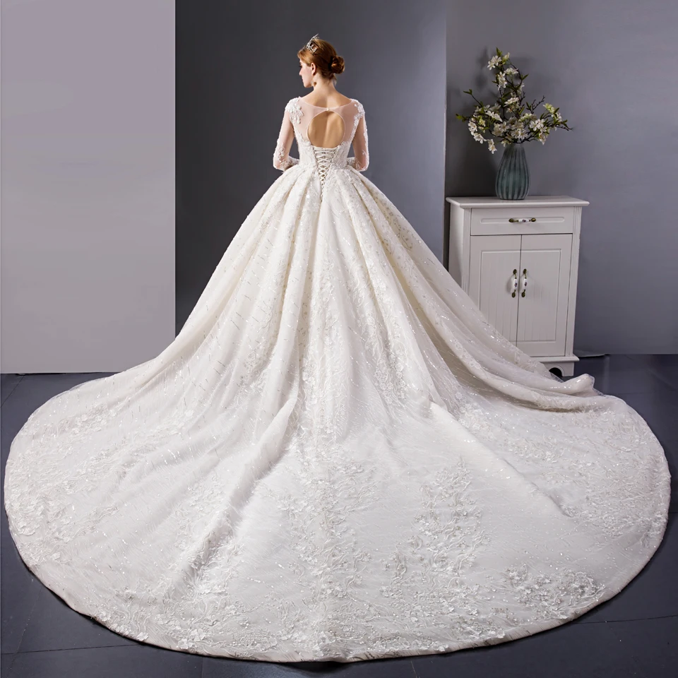 SL-6095 Luxury Embroidery Lace long sleeves ball gown bohowedding dress bridal wedding gowns royal train