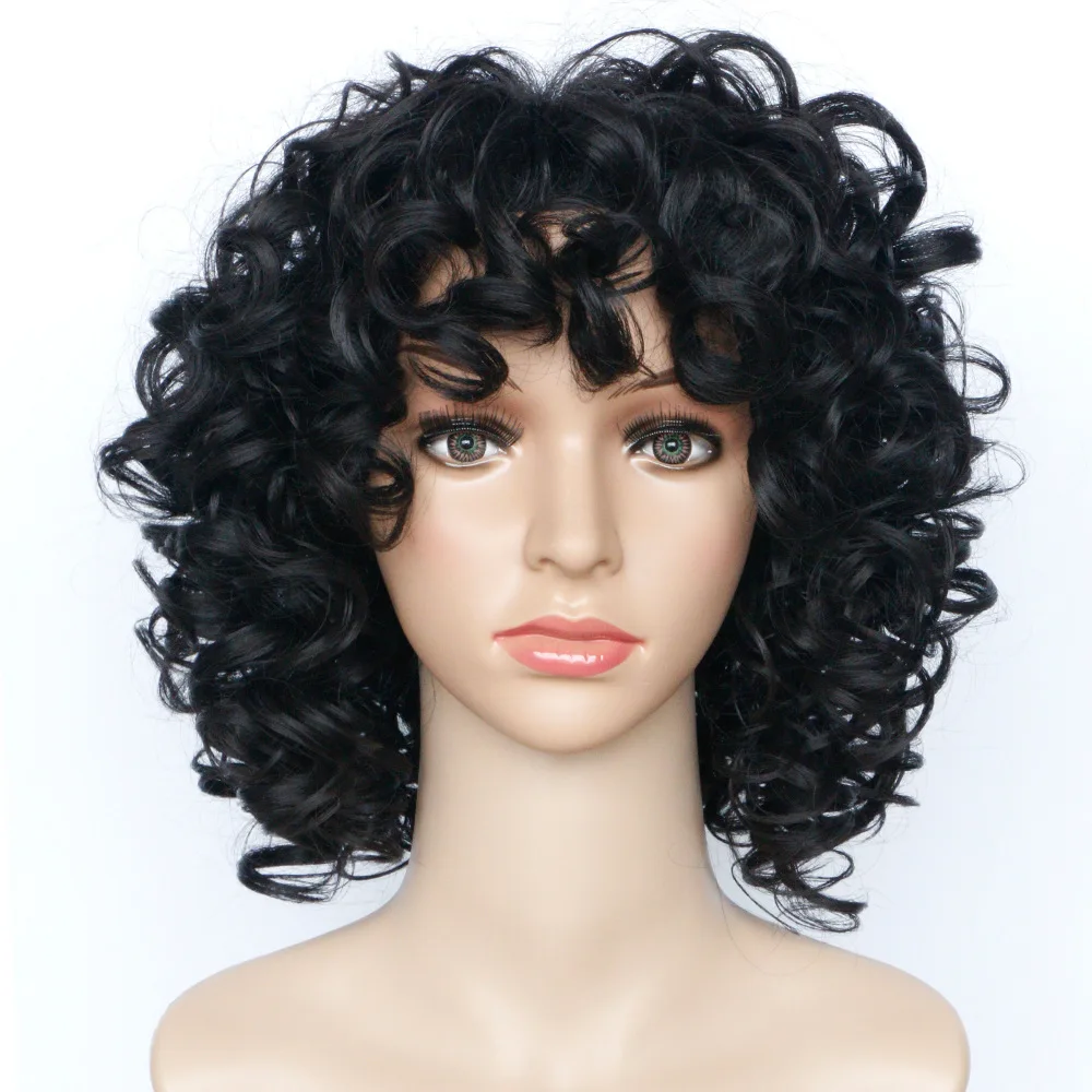 

Soloowigs Bouncy Curly Black Synthetic Hairpieces Puffy 14inch Medium Length Full Lace Afro Wigs