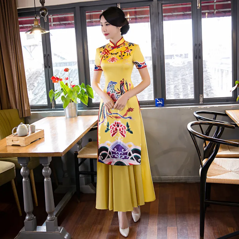 Длинные женские элегантные короткий рукав Qipao воротник-стойка цветок традиционных Для женщин китайское платье Ципао Размеры размеры S M L XL XXL T112
