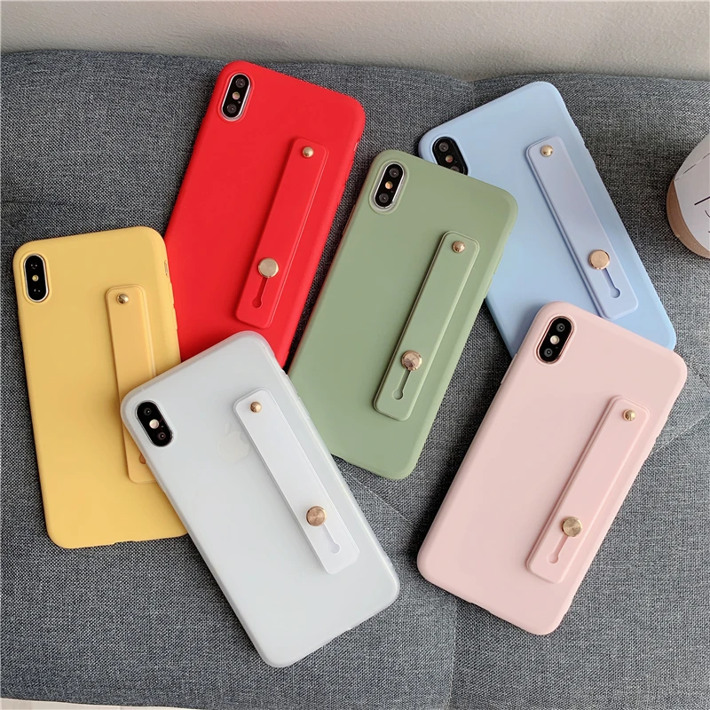 

Simple Candy Color Wrist Strap Hand Band Holder DIY Soft TPU Case For iPhone 6 6S 7 8 Plus X XR XS MAX Silicon Plain Cover Caqa