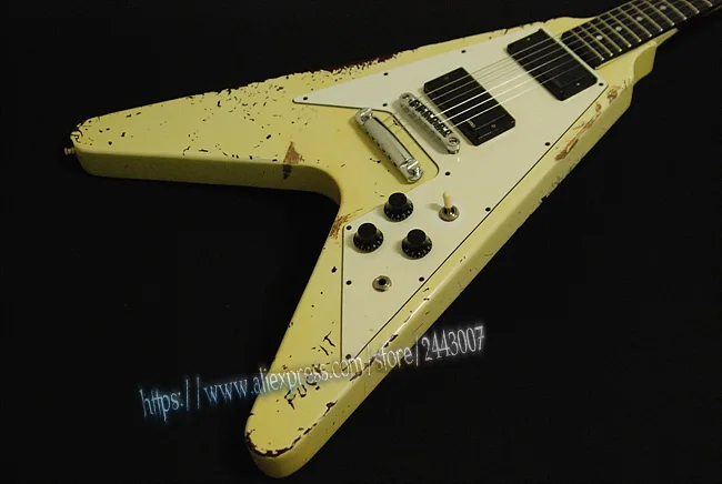 

GC Custom Limited Edition James Hetfield white Electra Kill em All Flying V Relic Aged Electric Guitar Handmade (1981-Present)