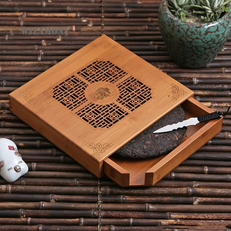 

WIZAMONY Bamboo Tea Tray Storage Box Chest Chinese Kungfu Tea Board teaboard storage drawer small tea table Accessories Carving