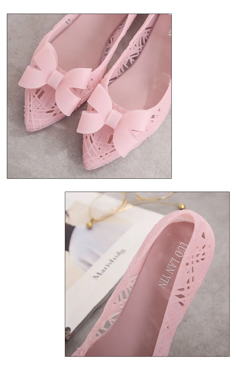 New Women Jelly Shoes Summer Comfortable Flat Beach Sandals  Sweet Bow Quick Dry Hollow Out Waterproof Rain PVC Lady Sandal Shoe (10)
