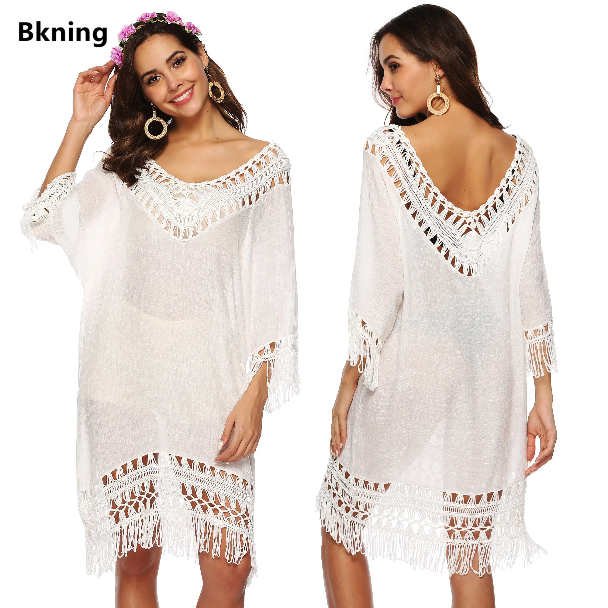 Tassel Beach Dress V Neck White Cover Up Swimsuit Bikini Tunic Ups