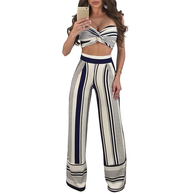 

Women Striped Two Piece Set Off Shoulder Backless Top Wide Leg Pants High Waist Trousers Pantsuit 2019 Summer Sexy sweatpants