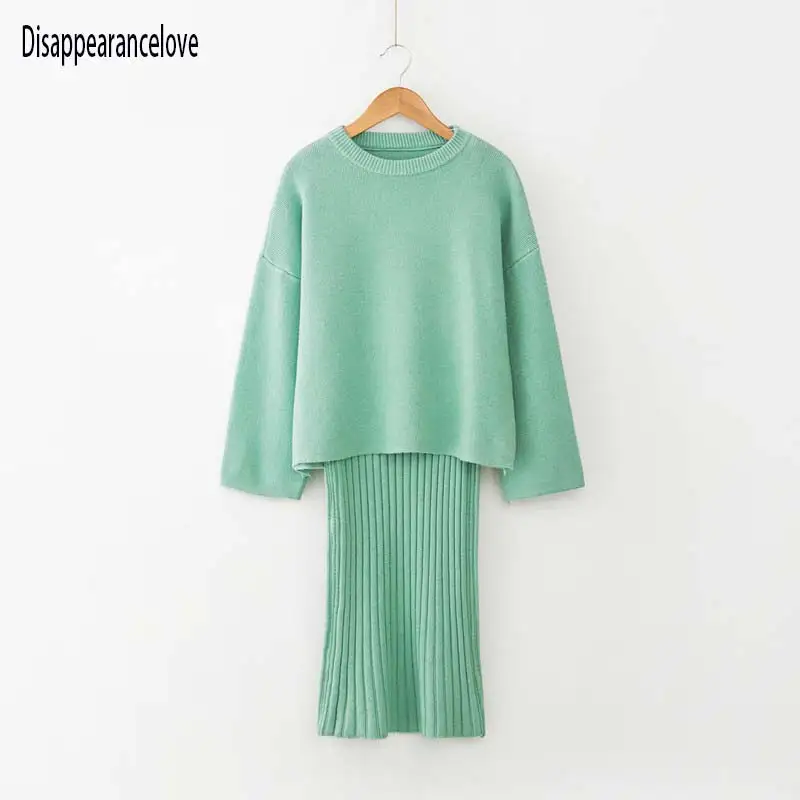 

2019 Two Piece Set Knitted Dress Winter Sweater Suit for Women Set Three-quarter Pullover Wool Sweater Elastic Cashmere Suit