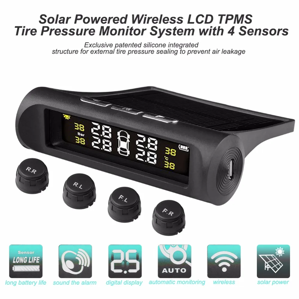 

Solar TPMS Car Tire Pressure Alarm Monitor System 4 Wheel Internal / External Tyre Sensor Temperature Visture Security