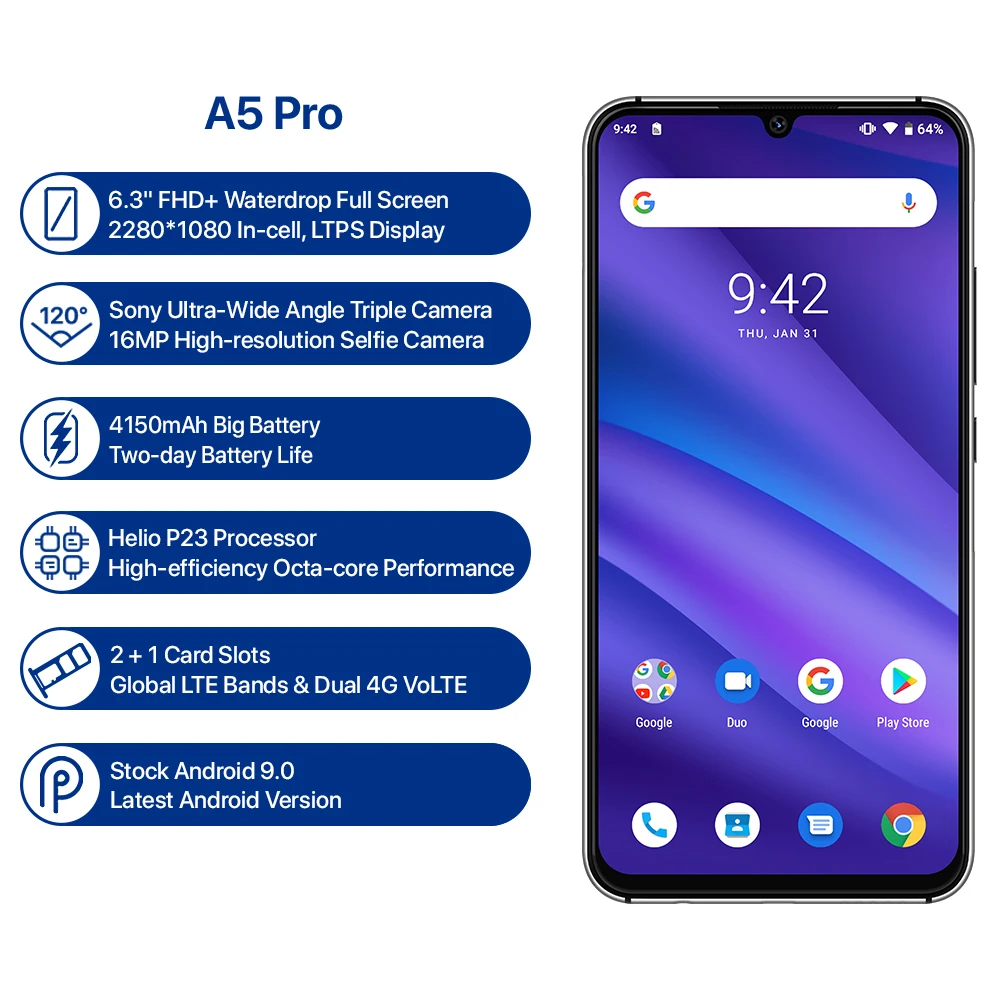 Смартфон UMIDIGI A5 PRO 4G 6,3 дюймов FHD + Android 9,0 мобильный телефон 4 ГБ ОЗУ 32 Гб ПЗУ 16.0MP + 8.0MP + 5.0MP задняя камера мобильный телефон