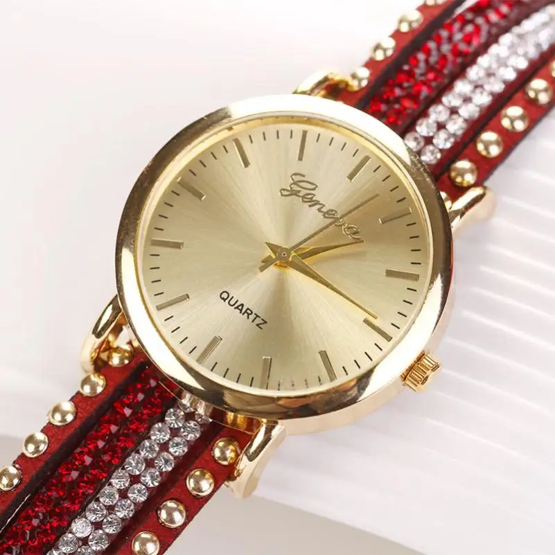 Модные роскошные кожаные часы-браслет с кристаллами и заклепками, женские кварцевые часы, повседневные женские наручные часы, Relogio Feminino, Прямая поставка# D