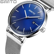 GIMTO New Watches Mens Quartz Watch Stainless Steel Mesh Band Slim Men Silver Watch Men Sports Wristwatch Relogio Masculino +Box baogela chronograph black new watches mens quartz watch stainless steel mesh band slim men watch student sports wristwatch