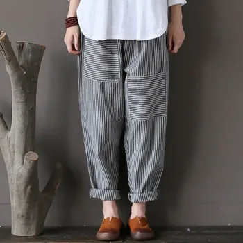 

Stylish Women Trousers ZANZEA 2020 Elastic Waist Vertical Stripe Pockets Full-Length Pantalon Office Ladies Autumn Cotton Pants