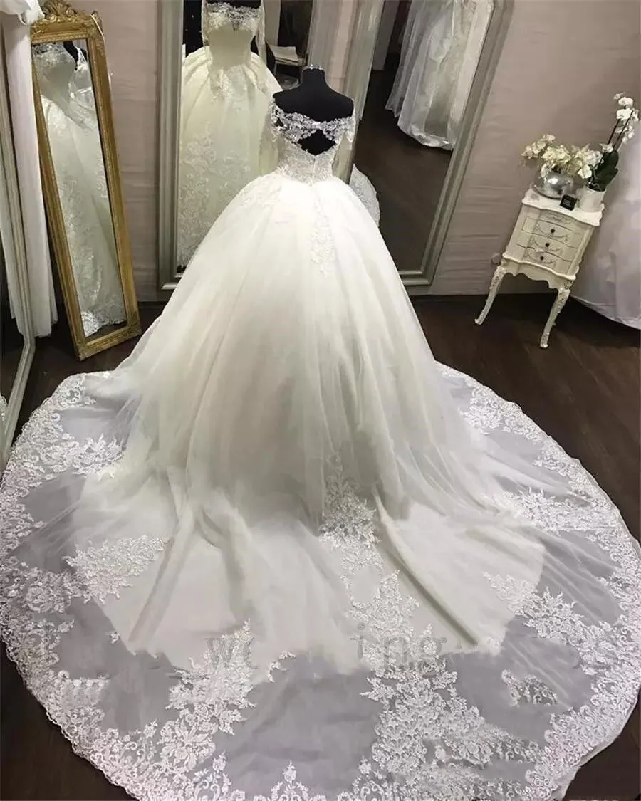 Без спинки Vestido De Noiva 2019 мусульманское свадебное платье бальное платье Тюль с длинным рукавом Кружева Бохо Дубай арабское свадебное платье