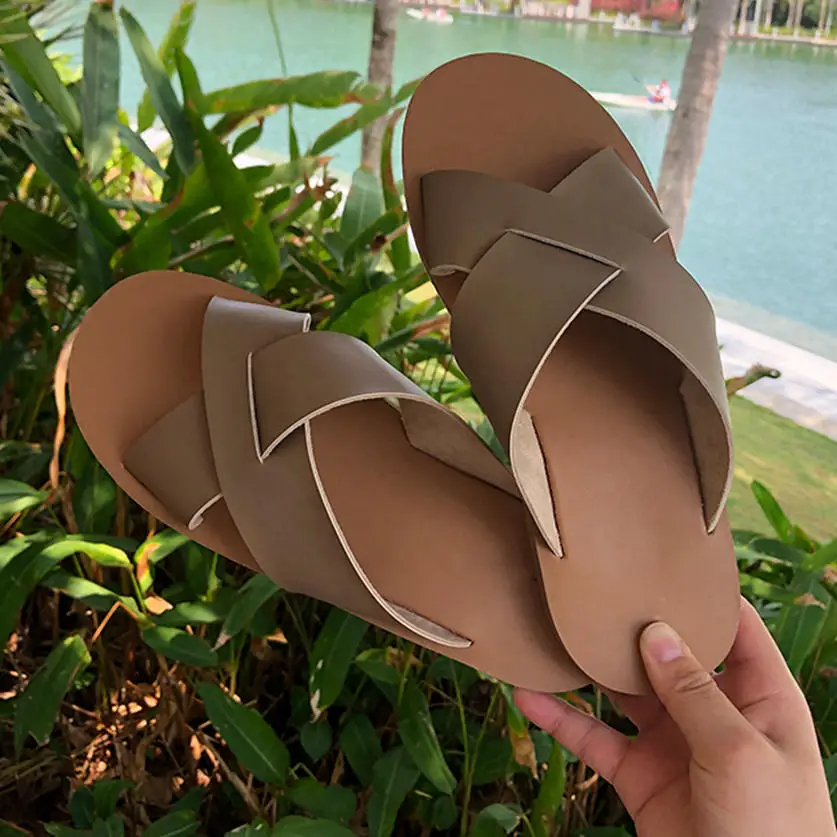 

2019 Women Slippers Summer Shoes Flip Flops Flat Sandals Female Flat Casual Beach Slippers PU Leather Women Slip On Slides