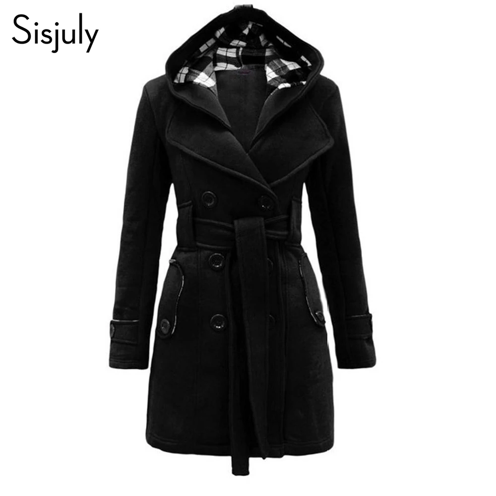 Goedkoop Sisjuly Hooded Vintage Vrouwen Jas Winter Riem Lange Dikke Overjas Elegante Slanke Plain Warm Casual Button Pocket Zwart Wollen Jassen
