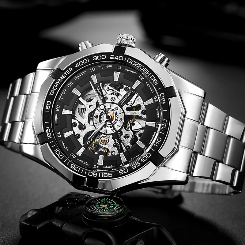 Najtaniej 2019 srebrny ze stali nierdzewnej wodoodporny męski zegarek szkieletowy z tourbillonem zegarki Top marka luksusowy zegarek mechaniczny dla mężczyzn