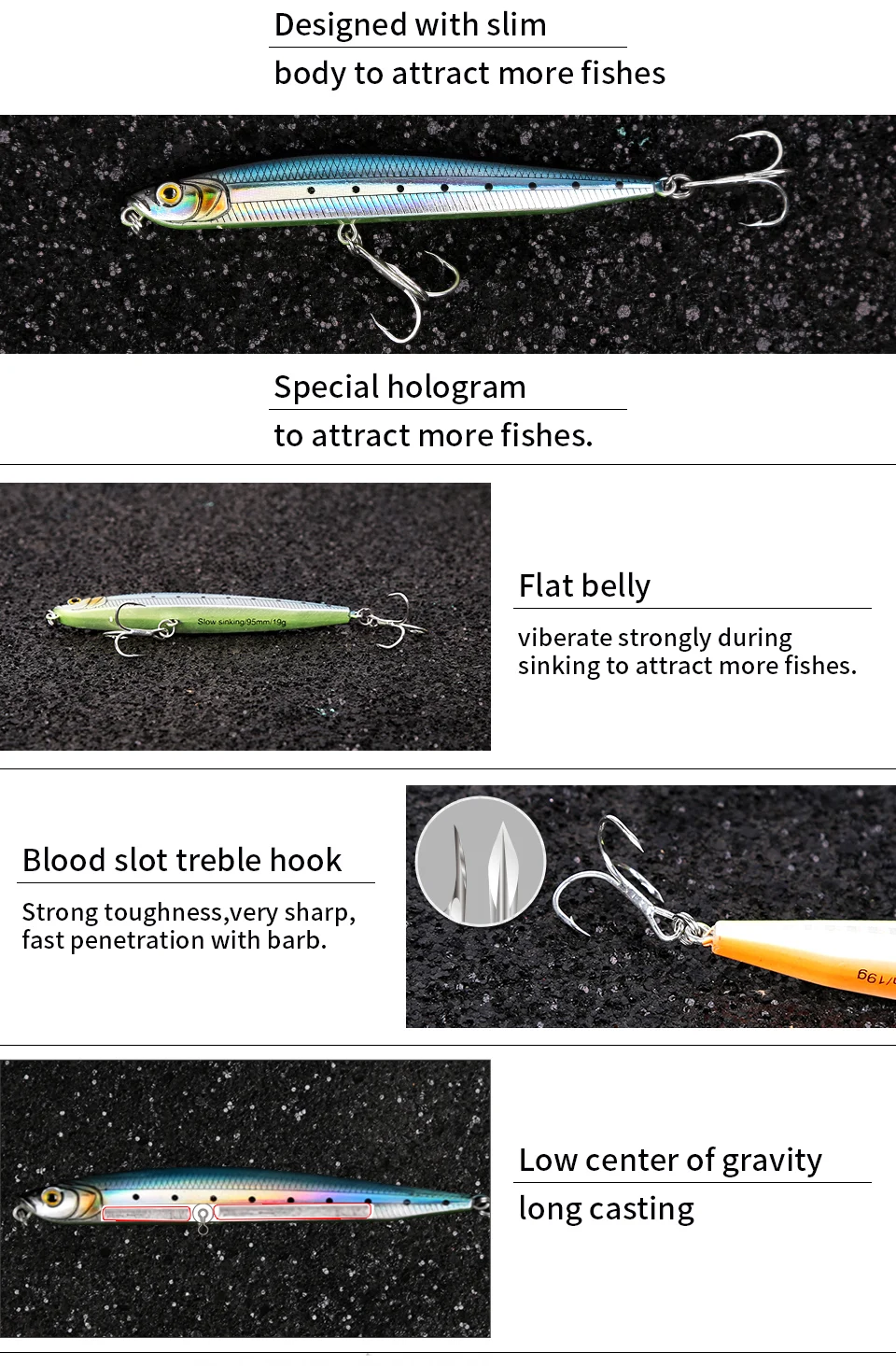 Kingdom Sea Fishing Lures Slow Sinking Pencil 14g 80mm  19g 95mm Hard Baits VMC Hooks Bass Fishing Bait Model 7504 (2)