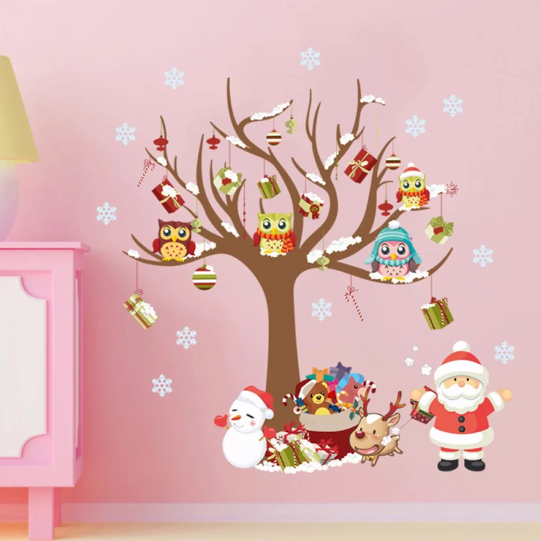 1pc 800*800mm Christmas Owls Tree Shop Window Wall Art Stickers Sticker Vinyl Home Decoration