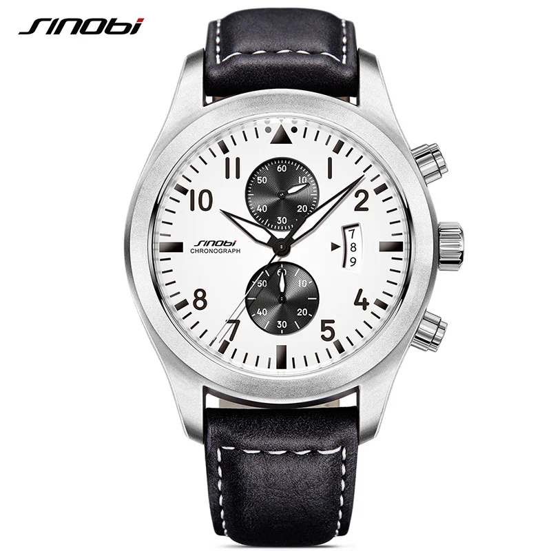 

SINOBI Mens Military Chronograph Wrist Watches Calendar Date Leather Clock Luxury Brand Male Sports Geneva Quartz Wristwatches