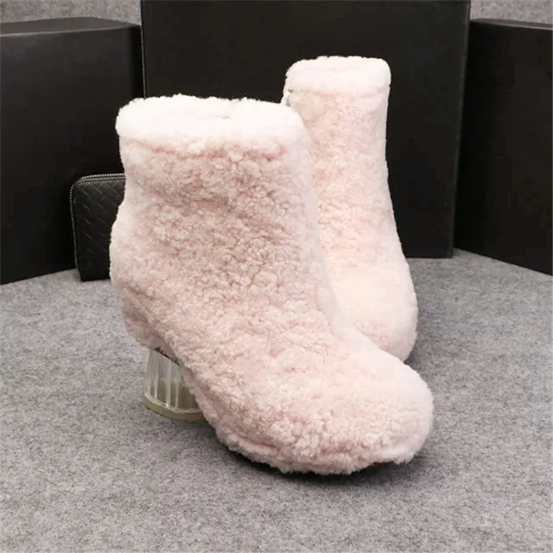 

2016 Winter Shoes Woman Snow Boots Cute Wool Shearling Strange High Heels Side Zipper Mujer Ankle Booties Luxury Design Platform