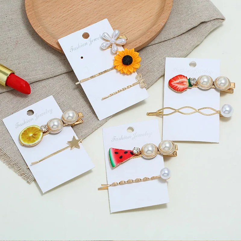 

SHUANGR Korea Women Metal Hairpins Summer Imitation Pearl Colorful Beads Fruit Hair Clips Irregular Geometric Hair Jewelry