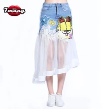 7Mang летняя Милая джинсовая юбка с рисунком кота и пайетками длинная юбка из сетки с высокой талией Корейская юбка с бисером и юбкой русалки 0309