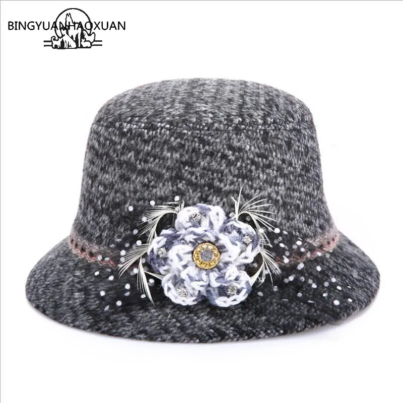 

BINGYUANHAOXUAN Women Imitation Wool Dome Winter Hat For Women Floral Casual Brand Warm Lady Autumn Soft Floppy Girl Felt Tophat