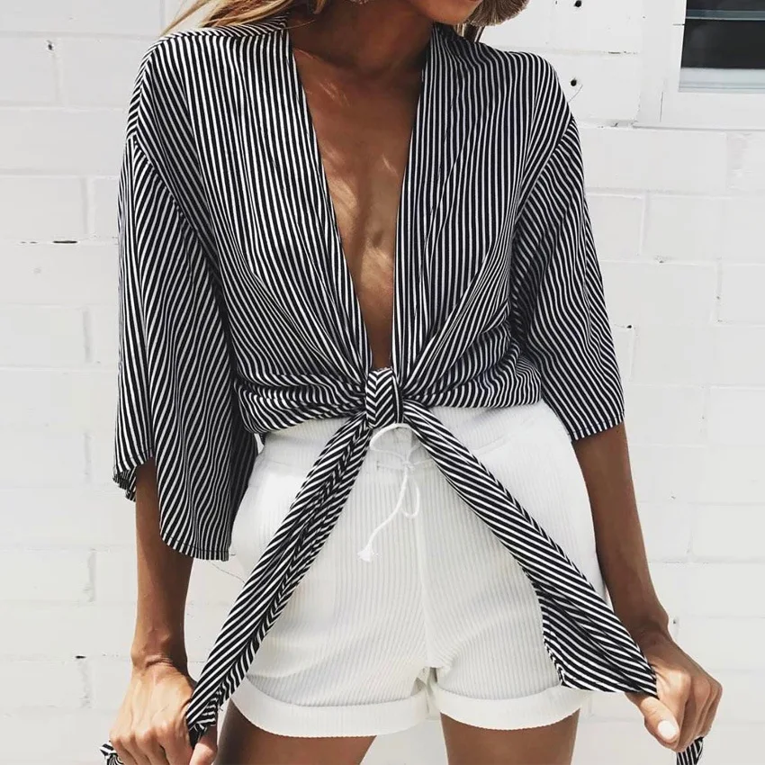

Summer stripes deep V five-point sleeves wear street women's shirts sexy fashion straps evening party bottoming T-shirt