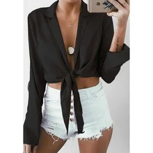Blouse Girl Long Sleeve Classics Party Shirts Ladies Tops 2019 Fashion Harajuku Woman Backless Tie Knot Crop Top V-neck all over printed knot crop blouse