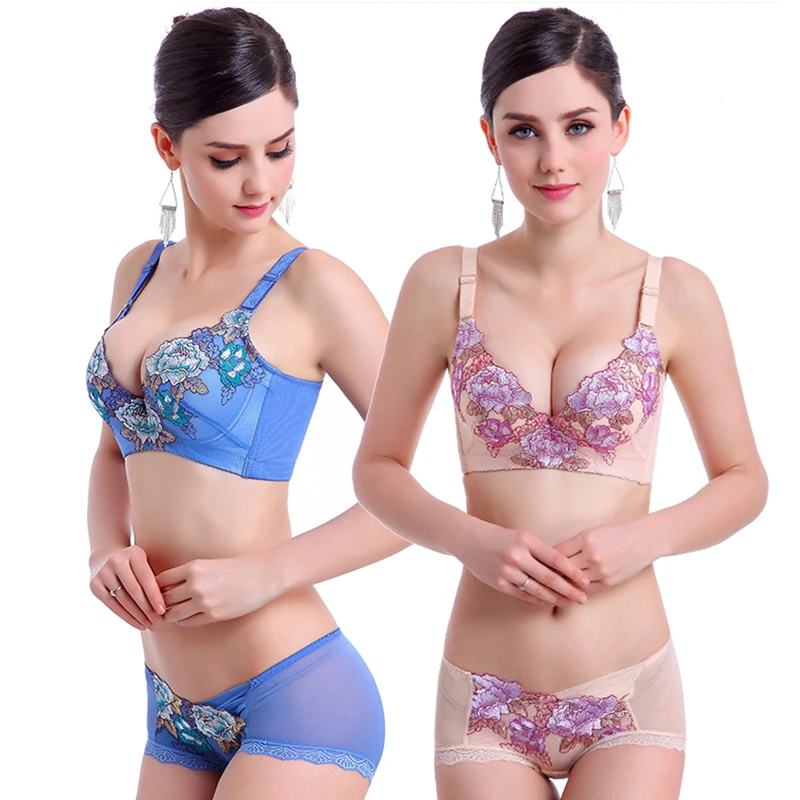 

Spring and summer embroidery Sexy deep V gathered adjustable underwear ladies bra set thick cup comfortable breathable bra