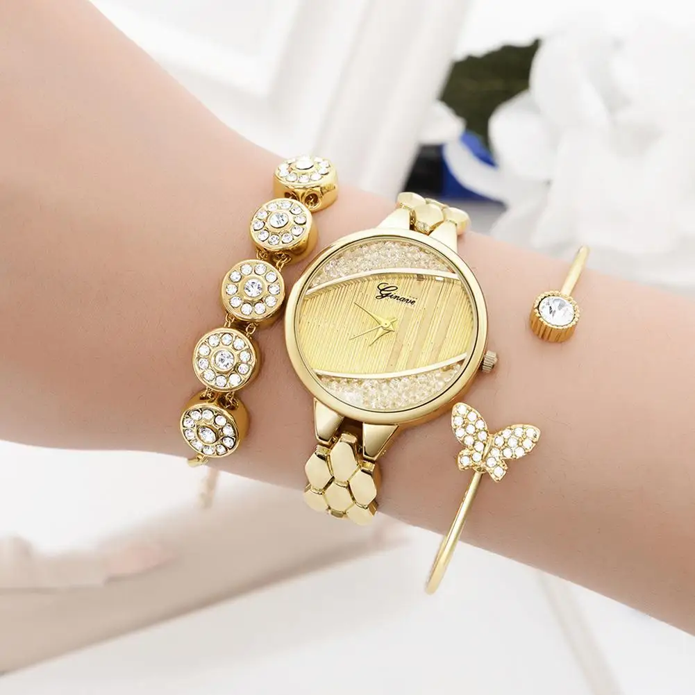 

3Pcs/Set Round Dial Rhinestone Balls Analog New Quartz Wrist Watch Open End Bracelet