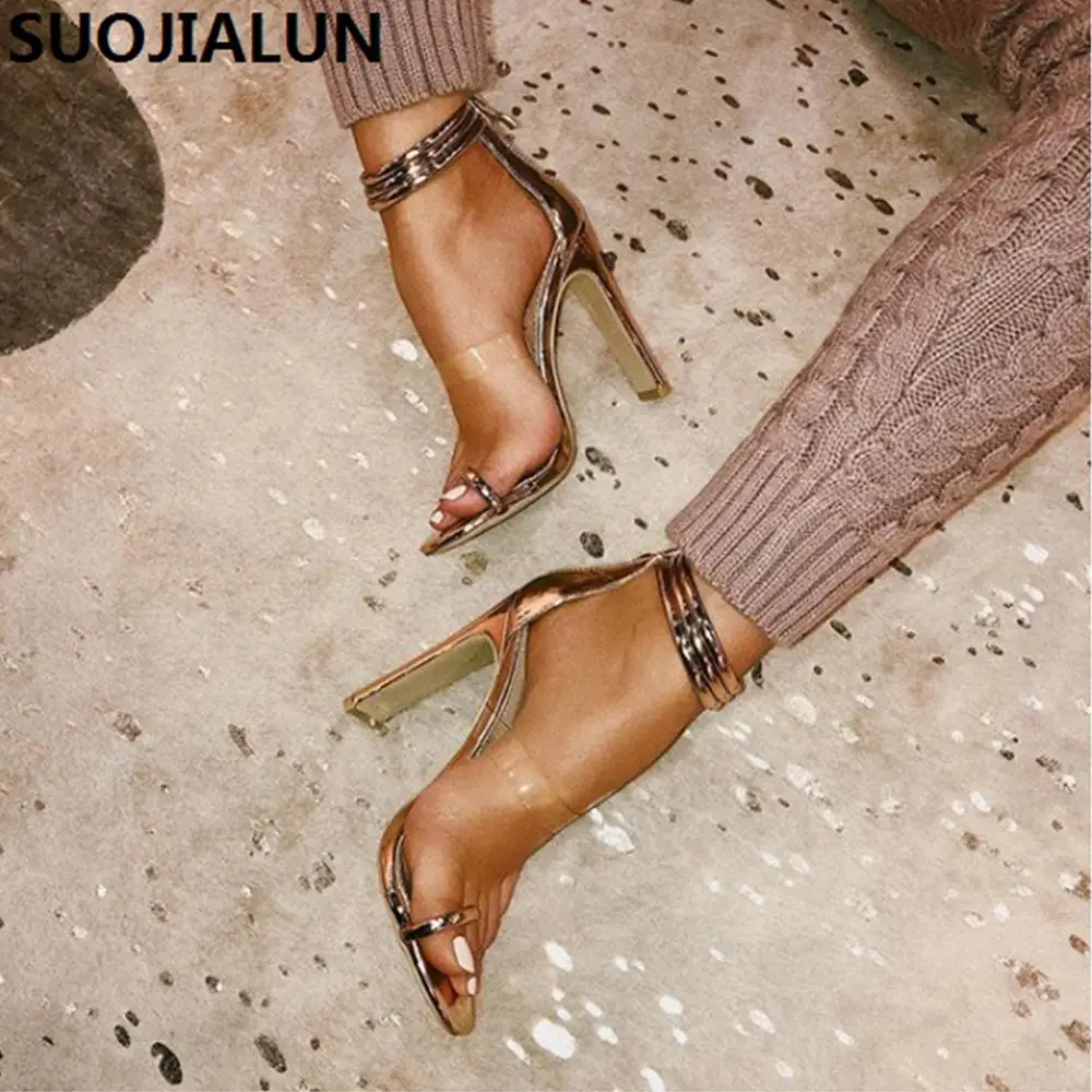 

SUOJIALUN 2019 Women High Heels Sandals Champagne Gladiator Pumps Pointed Toe Sexy Lady Zipper Shoes Thin Heels Slippers