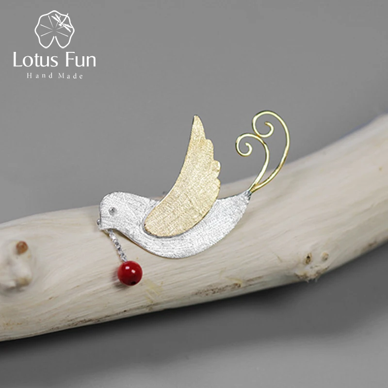 Lotus Fun реальные 925 пробы серебро ручной работы Fine Jewelry Творческий полет птиц с фруктами броши для Для женщин