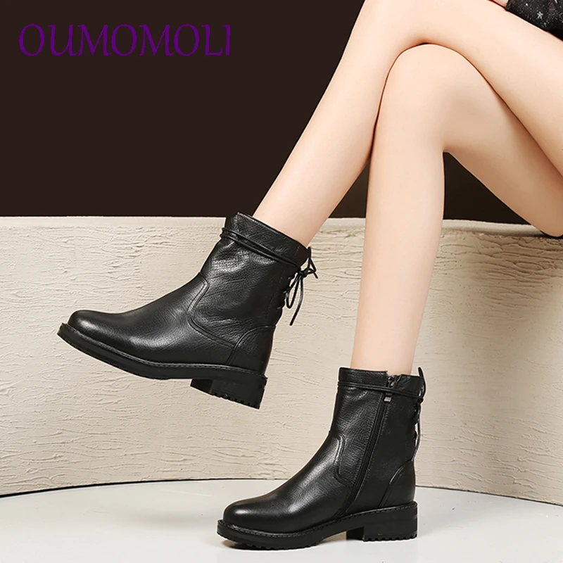 

2019 Natural Genuine Leather Boots Women Winter Block Heel Ankle Boots Bow Real Leather Short Boots Black High Heels