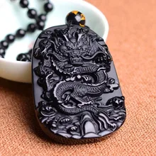 Envío de la gota 100% Natural Negro Obsidiana Tallada Dragón Amuleto Colgante Suerte collar de los granos para hombres Moda Joyería Jades
