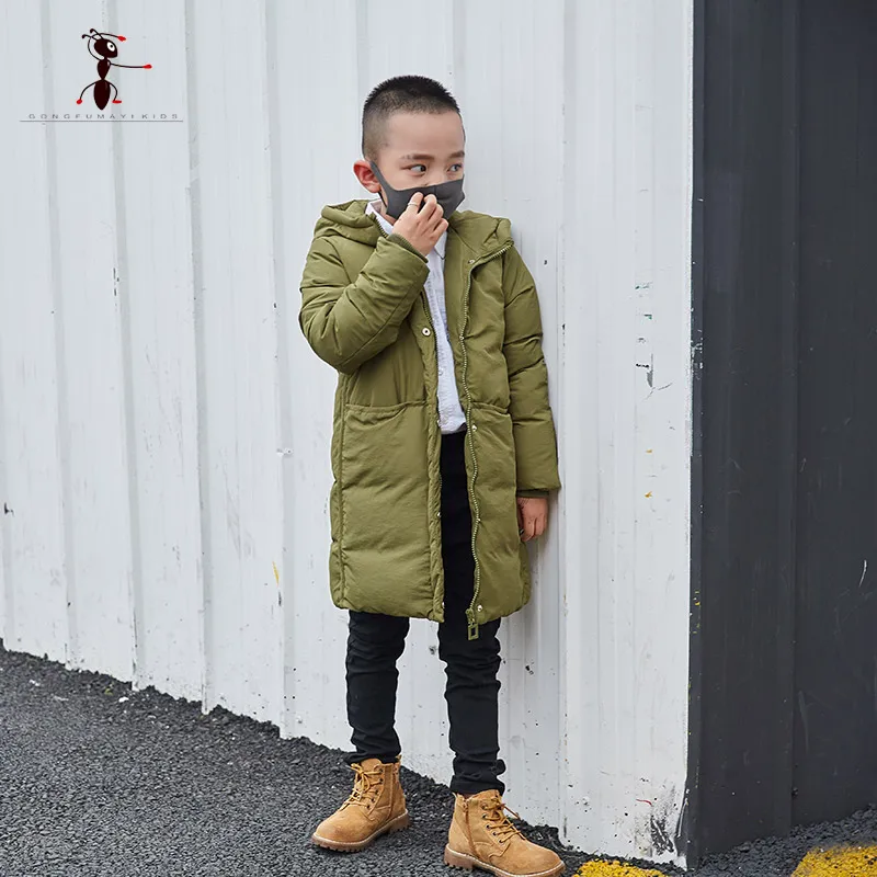 

Kung Fu Ant 2017 Black Army Hooded White Goose Down Parkas Long Coats for Boys Winter Warm Thick Jackets 7617