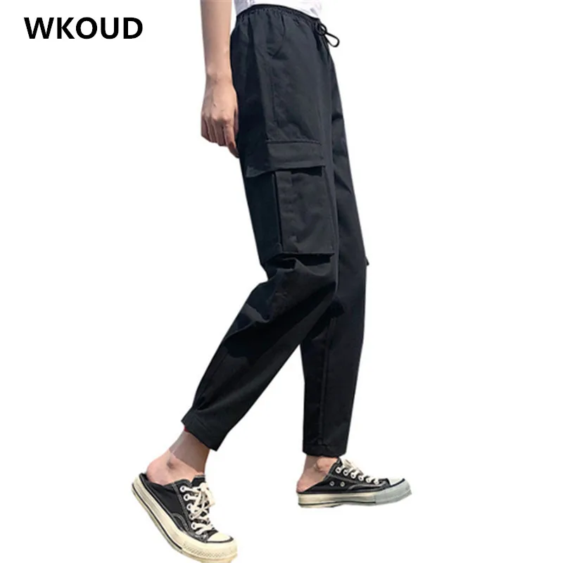 WKOUD Женские однотонные брюки-карго на шнурке повседневные брюки до щиколотки черные брюки с высокой талией брюки женские спортивные брюки