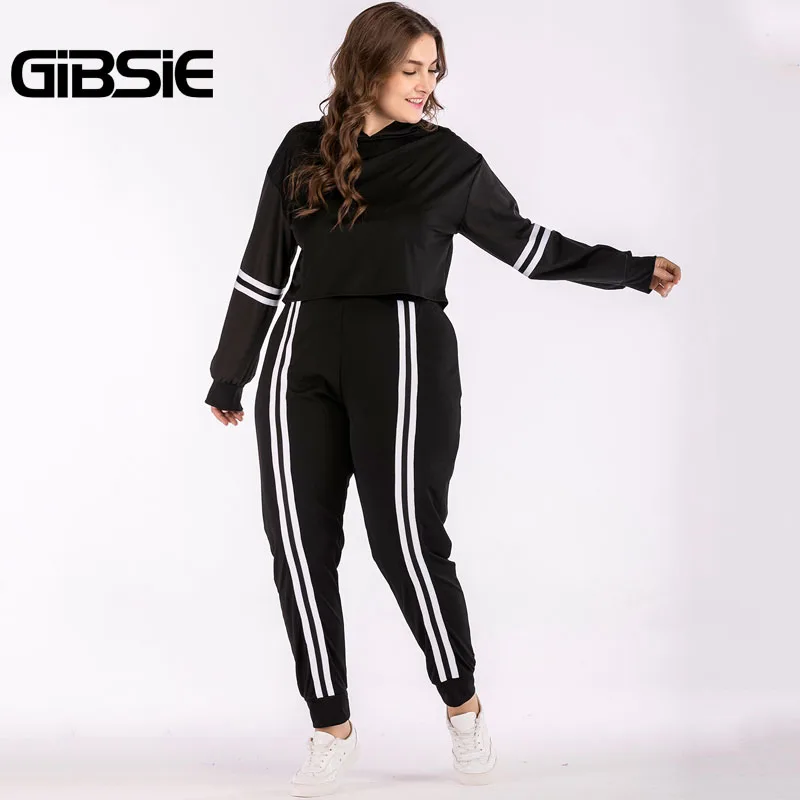 GIBSIE размера плюс женская одежда 4XL XXXL осенний комплект из двух предметов Топ и штаны полосатый спортивный костюм женский укороченный топ 2 предмета