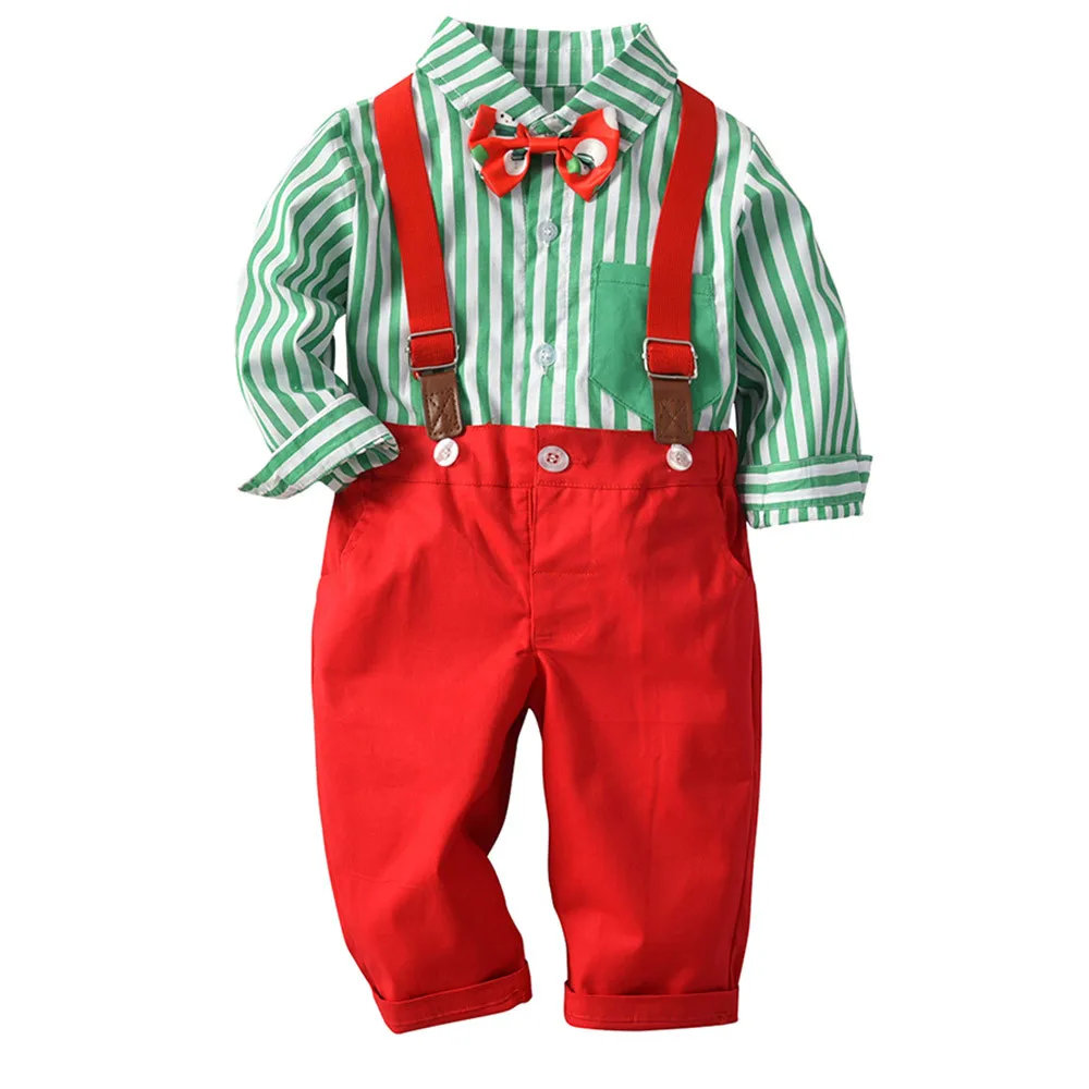 Рождественская рубашка в полоску с длинными рукавами и бантом для маленьких мальчиков+ ремень с подтяжками, штаны, комплект одежды, одежда для мальчиков