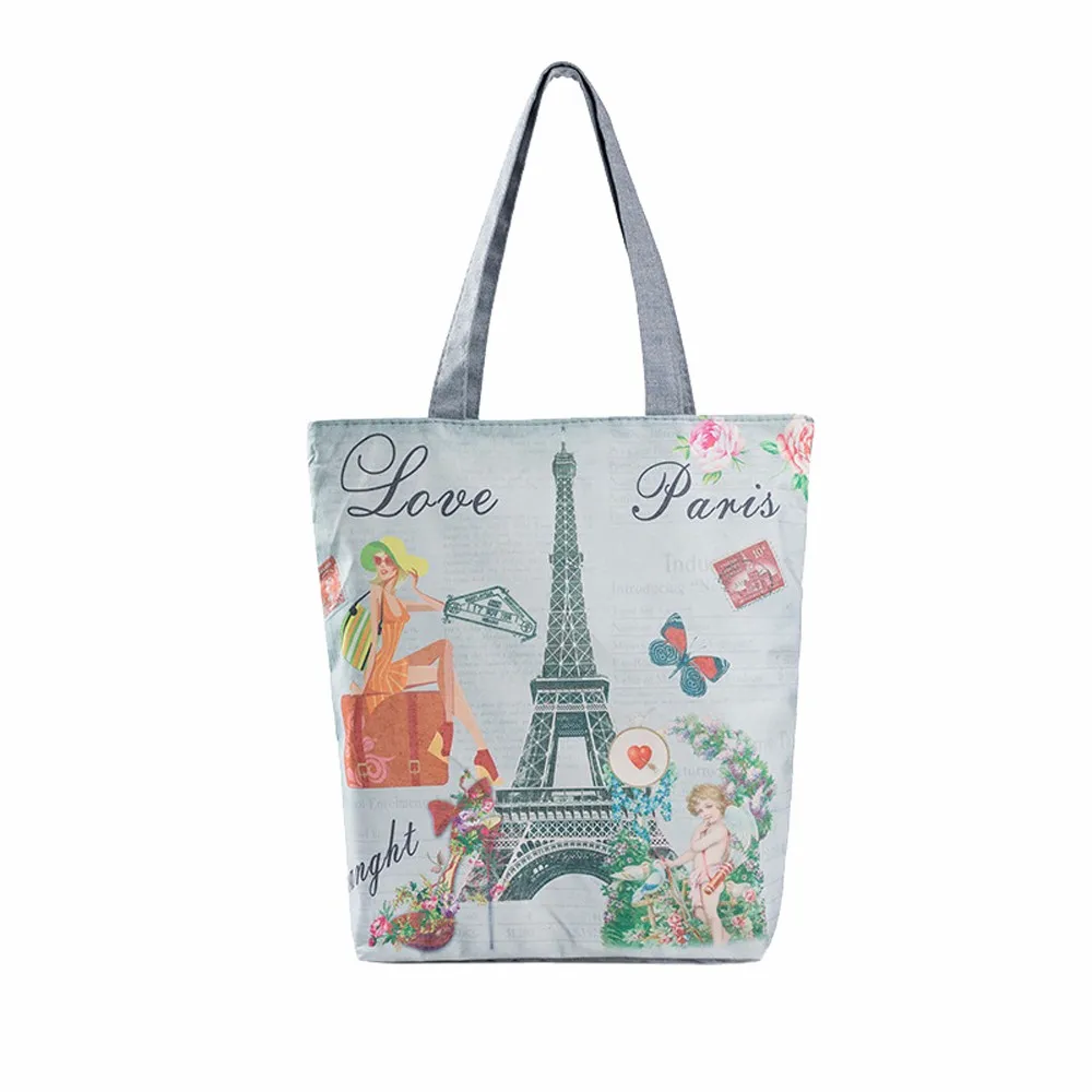 Canvas Women Shoulder Bags Owl Paris Tower Flowers Animals Printed Canvas Women Shoulder Bags Owl Paris Tower Flowers Animals Printed Casual Beach Ping Bag Handbags Bolsa Praia 0718