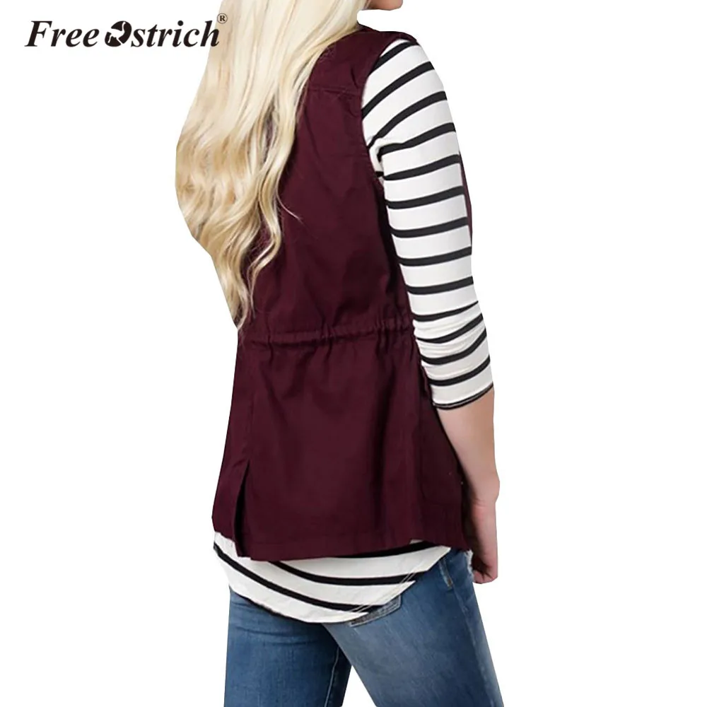 Free Ostrich Vest Women Casual Cardigan Solid Zipper Button Sleeveless Turn-down Collar Breasted Woman Coat L0140