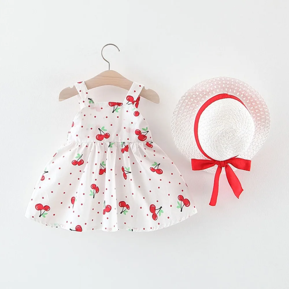 Toddler Baby Kids Girls Sleeveless Cherry Dot Princess Dresses Bow Hat Outfits vestido robe fille  #4j08 (12)